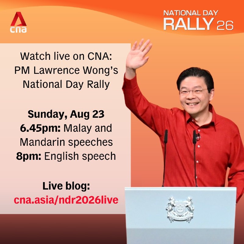 LIVE: PM Lawrence Wong will be delivering the 2026 National Day Rally from 6.45pm onwards.