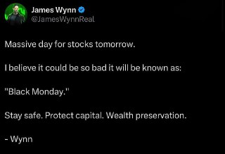 James Wynn 预测市场可能面临震荡温恩表示，明天股市可能会遭遇突如其来的“黑天鹅”事件，可能会引发重大损失。背景信息很重要：他此前在期货交易中损失了超过1亿美元，现在还持有约9.5万美元的空头头寸。