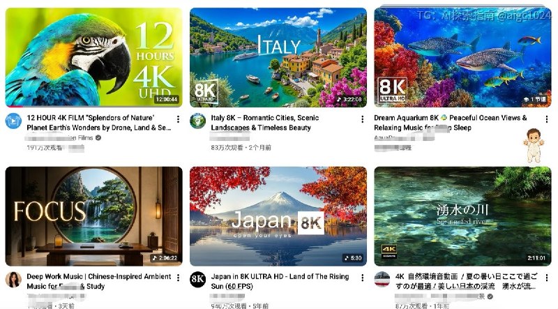 YouTube上有很多制作门槛超低的超长视频，基本都是好几个小时起步！内容一般有音乐合集、白噪音、自然景观等等，一般播放量都很高！！我还以为这些都是为了混播放时长的，没想到收益这么高？好像悟到了一点重要的东西！！关于做自媒体，不一定要专注于做内容，看似简单、枯燥、没什么内容增量的视频，其实重点在于“陪伴感”，它卖的是“情绪”，很多时候，打开电视却不知道看什么；工作的时候需要一点Feel；睡觉的时候想要一点白噪音；这些视频填补的，其实就是一种需要的“氛围”