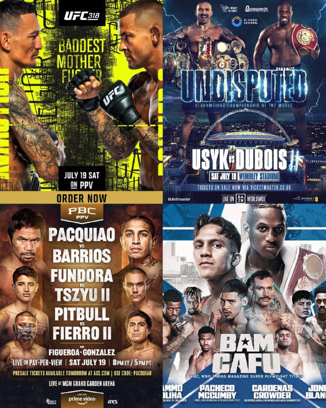PPV 01: UFC 318 Holloway vs. Poirier 3 10:00pmPPV 02: PPV 01: UFC 318 Holloway vs. Poirier 3 10:00pm BACKUPPPV 03:UFC 318: Holloway vs Poirier 3 (Prelims) 6:00pmPPV 04: UFC: En Español UFC 318: Holloway vs Poirier 3 (Prelims) 6:00pmPPV 05: Usyk vs. Dubois 12:30PMPPV 06: Usyk vs. Dubois 12:30PM BACKUP 1PPV 07: PPV 06: Usyk vs. Dubois 12:30PM BACKUP 2PPV 08: Usyk vs. Dubois 12:30PM BACKUP 3PPV 09: Pacquiao Vs Barrios 8:00PMPPV 10: : Rodriguez vs. Cafu 7:00PMPPV 11: wXw Broken Rules 2025 12:00PMPPV 12: GCW Bash at the Ballpark 7:00PMPPV 13: PFL Cape Town 10:00 AMPPV 14: Eldora Speedway 6:00PMPPV 01: UFC 318 Holloway vs. Poirier 3 10:00pmPPV 02: PPV 01: UFC 318 Holloway vs. Poirier 3 10:00pm BACKUPPPV 03:UFC 318: Holloway vs Poirier 3 (Prelims) 6:00pmPPV 04: UFC: En Español UFC 318: Holloway vs Poirier 3 (Prelims) 6:00pmPPV 05: Usyk vs. Dubois 12:30PMPPV 06: Usyk vs. Dubois 12:30PM BACKUP 1PPV 07: PPV 06: Usyk vs. Dubois 12:30PM BACKUP 2PPV 08: Usyk vs. Dubois 12:30PM BACKUP 3PPV 09: Pacquiao Vs Barrios 8:00PMPPV 10: : Rodriguez vs. Cafu 7:00PMPPV 11: wXw Broken Rules 2025 12:00PMPPV 12: GCW Bash at the Ballpark 7:00PMPPV 13: PFL Cape Town 10:00 AMPPV 14: Eldora Speedway 6:00PM