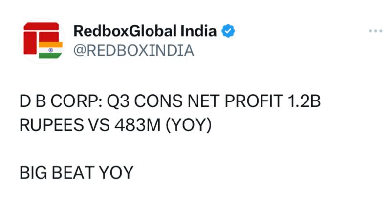 D B CORP: Q3 EBITDA 1.83B RUPEES VS 909M (YOY) || Q3 EBITDA MARGIN 28.39% VS 16.06% (YOY)BEAT EBITDA AND MARGINS