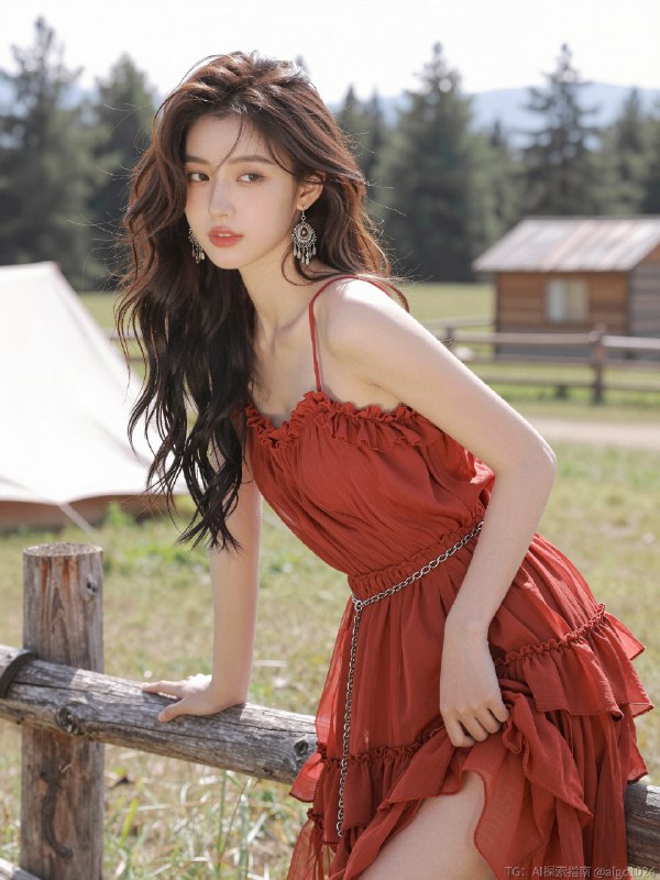 AI人像提示词分享｜草原红裙子的氛围感写真 姐妹们！分享一组超实用的AI人像提示词，主打清新田园风，适合春夏氛围感写真！无论你是新手还是老手，直接复制下面的口令就能出片，真的超方便✨--------------------场景：绿色草地、松树、远处木屋和山脉，明亮天空，乡村氛围