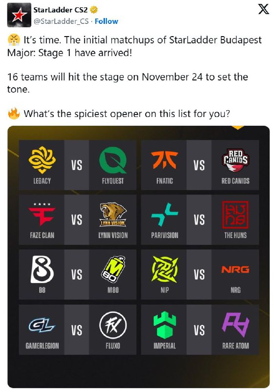 布达佩斯major第一阶段瑞士轮首轮公布