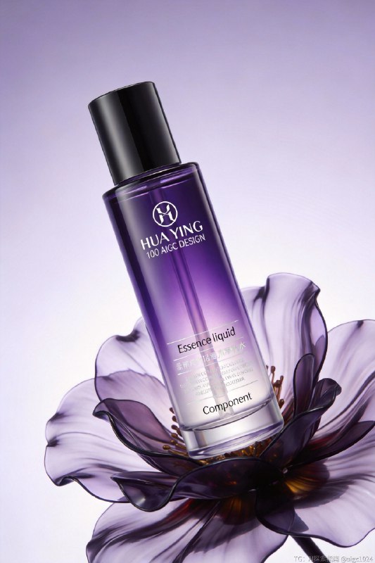 AIGC直出，紫色香水高级摄影大片（附提示词） 既梦4.5产品摄影大片，提示词参考：化妆品产品拍摄图，一瓶黑色盖子，紫色渐变半透的精华水瓶，瓶子印有产品logo“HUA YING”，产品名称“100 AIGC DESIGN