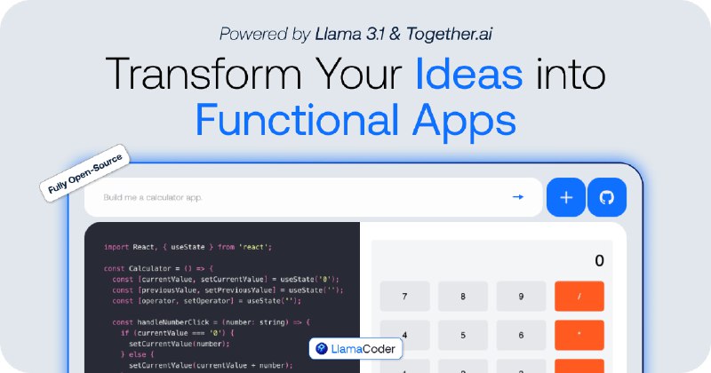 #AI #编程🧑‍💻 Llama Coder - AI 生成应用程序Llama Coder 是 Claude Artifacts 的开源替代方案，通过简单的自然语言描述，便可以生成一个应用程序比如输入“Build me a calculator app”，它便会呈现出一个可以计算结果的计算器！目前用于生产环境貌似不太现实，但是可以快速将你的创意转换为 Demo📑相关阅读▫️OpenAI 推出 ChatGPT 全新界面「canvas」▫️免费！Anthropic 发布其迄今为止最强大的 AI 大模型 「Claude 3.5 Sonnet」📮投稿    📢频道    💬群聊    🔎索引
