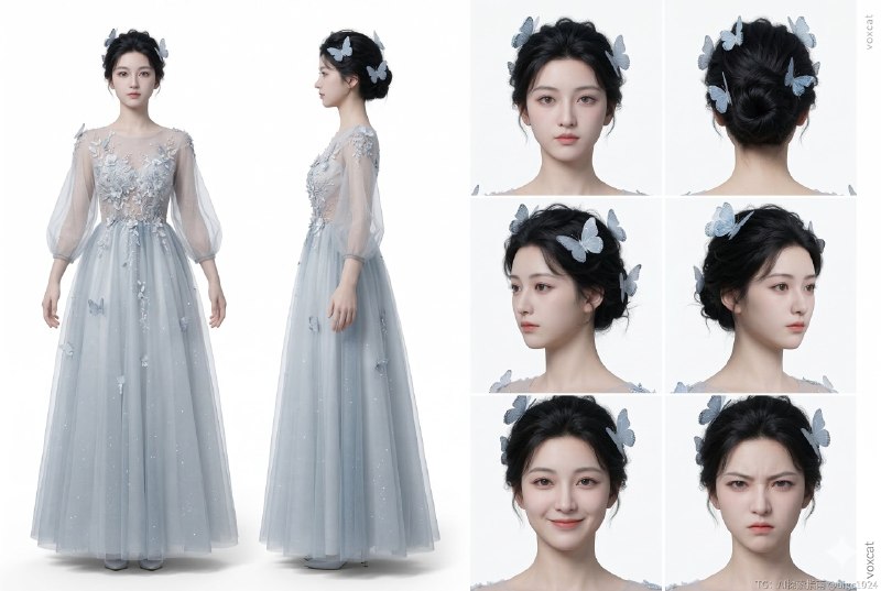 人像_角色设定卡_横版3x2_左2大右6头部表情用途：上传参考图后，生成“角色设定卡/Turnaround Sheet”