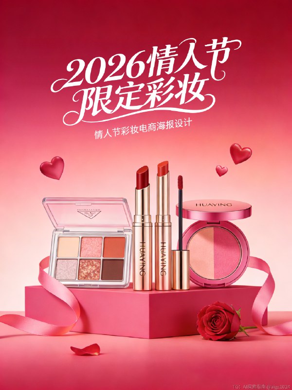 AIGC 5.0直出，情人节化妆品海报(附提示词） 及梦Seedream5.0 Preview生成：HUAYING品牌高端美妆护肤产品组合，包括白色圆形高光粉饼（金色内圈，细闪浅粉色粉饼）、两支同系列口红（一支立放：深红色哑光管身+银色logo，正红丝绒膏体；一支横放：同款管身，细闪红棕膏体）、透明方形粉底液（亮面红盖，浅米色液体）、白色软管妆前乳（红盖）、白色圆形乳霜罐