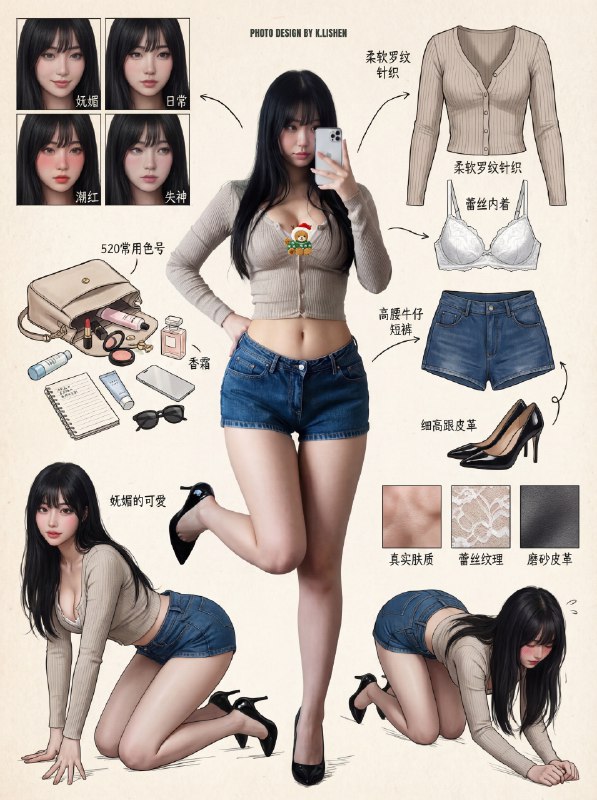 肉感女神日常穿搭分解~附高质量生图提示词 Photo Design by[禁R]原创作品，未经允许，禁止🚫盗用搬运[清单R]提示词:Role (角色设定)你是一位顶尖的游戏与动漫概念美术设计大师 (Concept Artist)，擅长制作详尽的角色设定图（Character Sheet）