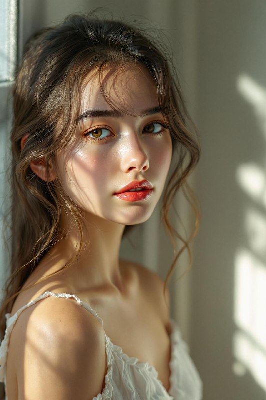 prompt：A half-body portrait of a young woman standing near a window with gentle morning light illuminating her face. Her skin shows delicate imperfections,subtle pores, and natural highlights.The photograph has cinematic softness, no makeup over-glow, natural hair strands visible. (Negative: artificial shine, plastic texture, waxy skin, 3D render, doll face)