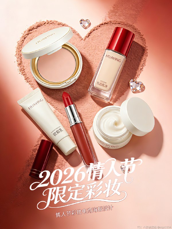 AIGC 5.0直出，情人节化妆品海报(附提示词） 及梦Seedream5.0 Preview生成：HUAYING品牌高端美妆护肤产品组合，包括白色圆形高光粉饼（金色内圈，细闪浅粉色粉饼）、两支同系列口红（一支立放：深红色哑光管身+银色logo，正红丝绒膏体；一支横放：同款管身，细闪红棕膏体）、透明方形粉底液（亮面红盖，浅米色液体）、白色软管妆前乳（红盖）、白色圆形乳霜罐