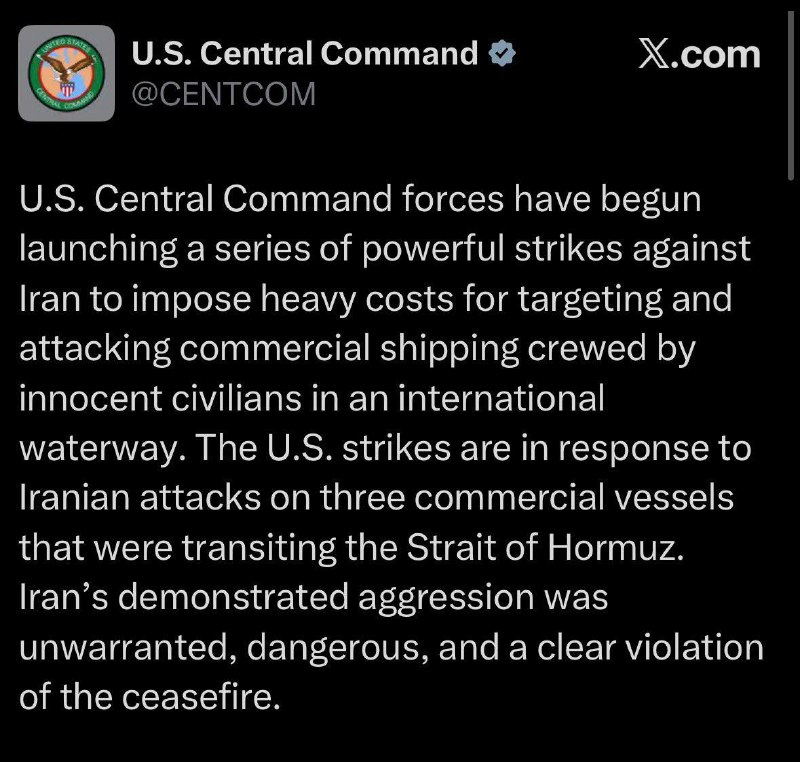 The US has launched a “series of powerful strikes against Iran,” US Central Command said in a statement.