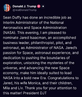 【突发】川普跟马斯克正式和解，提名马斯克力荐的人选Jared Issacman担任NASA太空署署长当初两人闹翻的主要原因就是川普撤回了对他的提名，改让交通部长代理太空署长而马斯克几天前还在讽刺交通部长的智商不够管理NASA
