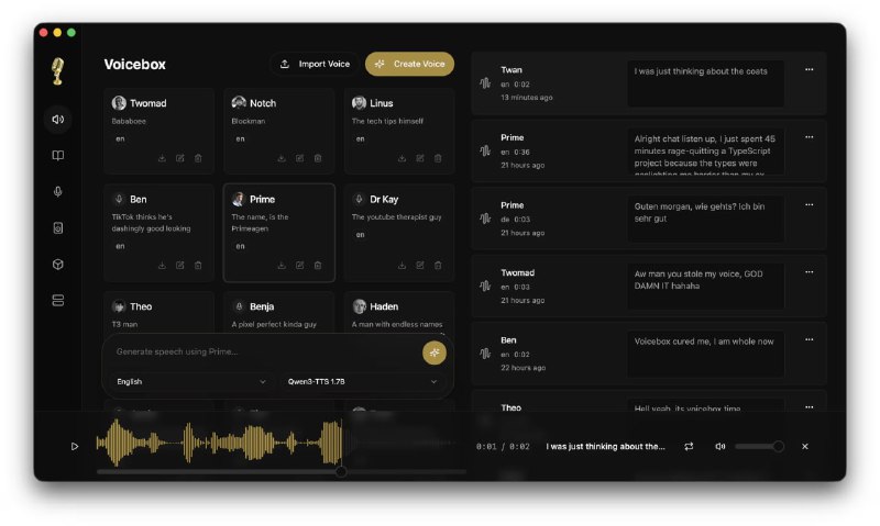 voicebox：免费开源本地运行的语音克隆和生成工具，将文本转换成自然流畅的语音，实现近乎完美的语音复制下载语音模型，只需几秒钟的音频即可克隆任何声音，并使用录音棚级别的编辑工具创作多声道项目