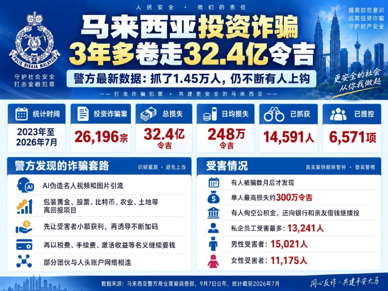 东南亚华人大事件：3年多被骗走32.4亿令吉 警方抓1.45万人仍有人掏空公积金继续投配图