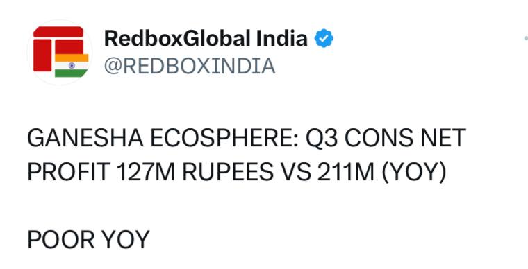 GANESHA ECOSPHERE: Q3 EBITDA 400M RUPEES VS 321M (YOY) || Q3 EBITDA MARGIN 14.03% VS 11.76% (YOY)