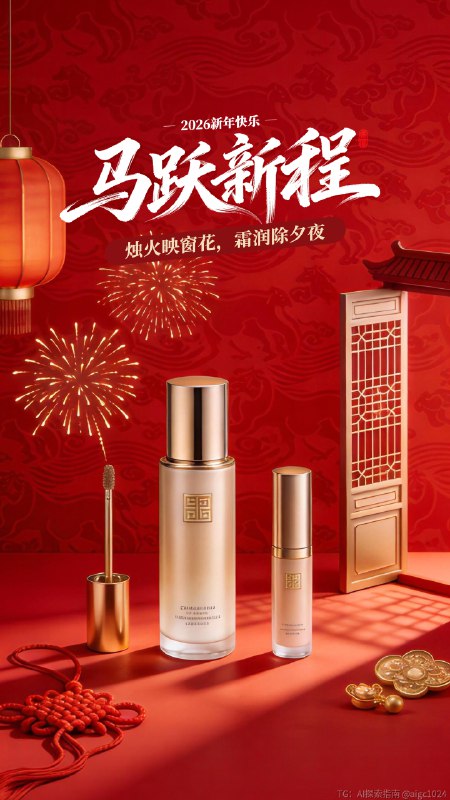 AIGC直出，2026马年新年美妆海报（附提示词） 既梦4.5生成海报，提示词参考：微观摄影，中国风，马年新年化妆品海报，以红色渐变为主体色调，背景为带有精致马纹的传统纹样