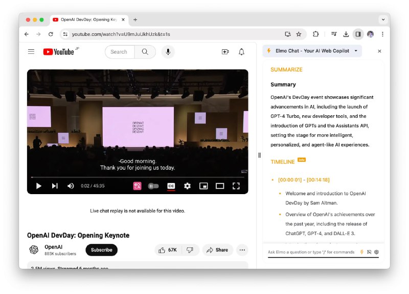 elmo.chat：快速总结，深入了解内容摘要 助手，支持：总结网页，总结 Youtube 视频，汇总 PDF，继续提问，深入研究关键词目前支持 iOS 手机端，浏览器扩展，macOS 端标签：#iOS #AI #macOS #浏览器扩展 #网页总结链接：