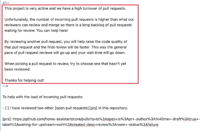 HA: PR数量太多，而人员跟不上，所以帮我们审核 PR 的话，能加快你自己的 PR 审核速度隔空感受到他们的压力了😂#homeassistant