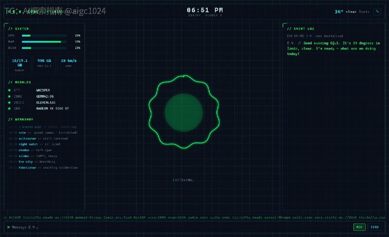 E.V. 是作者用 Python 和 Electron 搭的 Windows 语音助手，造型和设定取自《蜘蛛侠》新片里 Peter Parker 自制的 AI