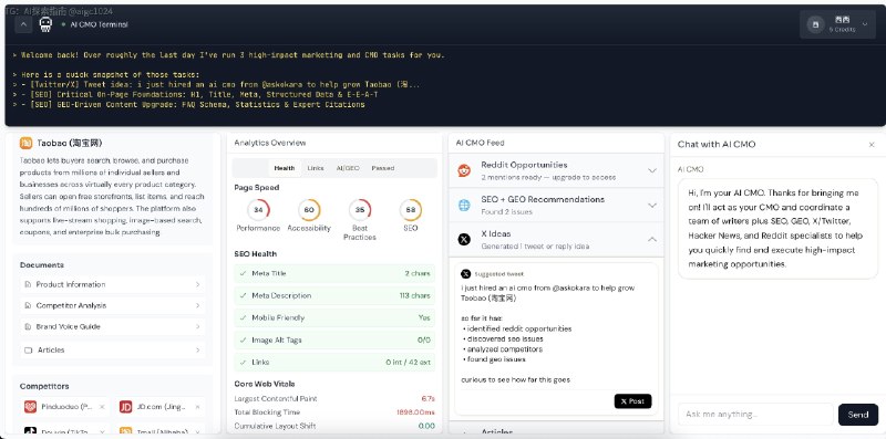 Okara 推出了一款叫「AI CMO」的Agent产品，宣称是「世界上第一个 AI 首席营销官」