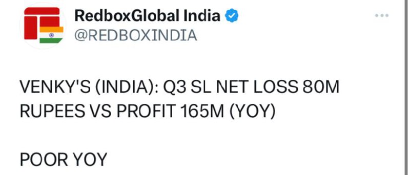 VENKY'S (INDIA): Q3 EBITDA LOSS 72M RUPEES VS EBITDA GAIN 275M (YOY)