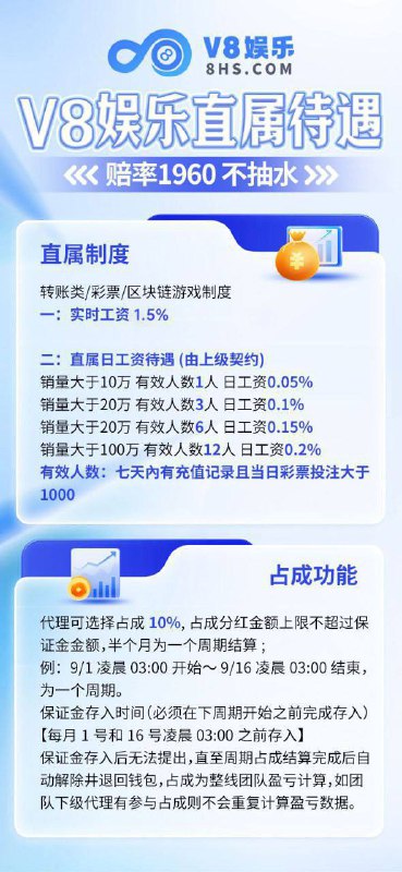 🔥 V8娱乐 — 高赔率稳定平台 🔥 🌐 官网：v8hs.com💰 超高赔率：1.96（无抽水，更公平）💸 实时返水：直属用户享 笔笔1.5% 工资返利💎 股东占成：10%（存入保证金即可成为股东）⚡️ 出款稳定：到账快、不拖延🎯 开奖迅速：体验流畅，效率拉满🏆 平台优势：*没有比哈希游戏更公平透明，真正杜绝作弊* 稳定运营，口碑良好* 支持多端挂机（电脑 / 手机）* 专属挂机软件，注册后即可下载使用* 支持多种资金方式：RMB / TRX / USDT，无需实名 自由切换🔥 公平公正 · 哈希机制全程可验证🔥所有游戏结果均由 SHA256 哈希算法生成，不可篡改