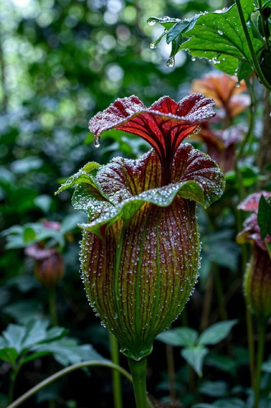 猪笼草A hyper-detailed macro photograph of a tropical pitcher plant's rim-the nectar-rich lip glazed with crystalline dew. Its flared shape showcases vibrant maroons blending seamlessly into deep greens, while tiny nectar droplets refract light into miniature rainbows. Fine, hairline ridges and delicate textures become visible in high resolution, giving the pitcher's surface a surreal, glossy sheen. The softly blurred forest background enhances the plant's mysterious, otherworldly allure, hinting at an untold story in a hidden jungle corner.