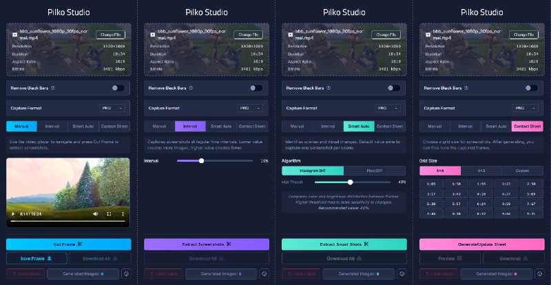 #开源 #视频处理 #在线工具✂️ Pilko Studio - 一款提取视频帧的网页工具🐙 开源页面Pilko 用于从本地视频中提取帧画面，支持手动选取、时长间隔、智能算法提取等方式截取帧画面工具完全离线运行，完全开源☀️ 提取一部小电影的画面太美，不敢想象📮投稿    📢频道    💬群聊    🔎索引