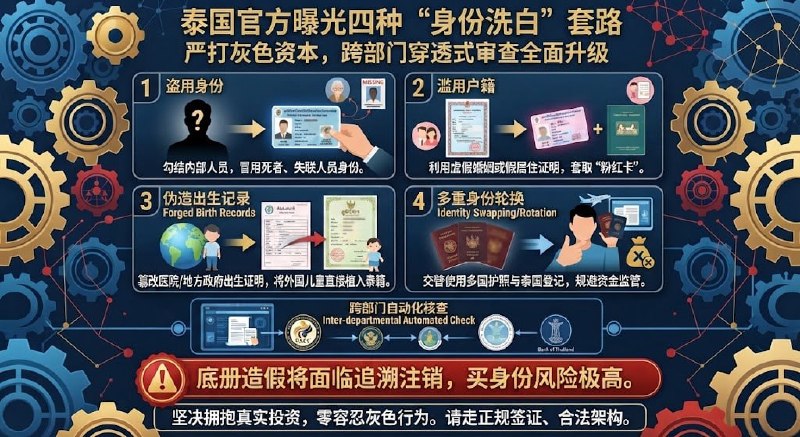 🅥 东南亚新闻: #泰国资讯:严打灰色资本⚠️官方曝光4种“身份洗白”套路泰国反腐委员会(PACC)近日曝光灰色资本在泰“洗白身份”的4大核心手段,预示着监管正全面升级为跨部门穿透式审查!😀. 盗用身份:勾结内部人员,冒用死者、失联人员或行动不便者的身份。😀