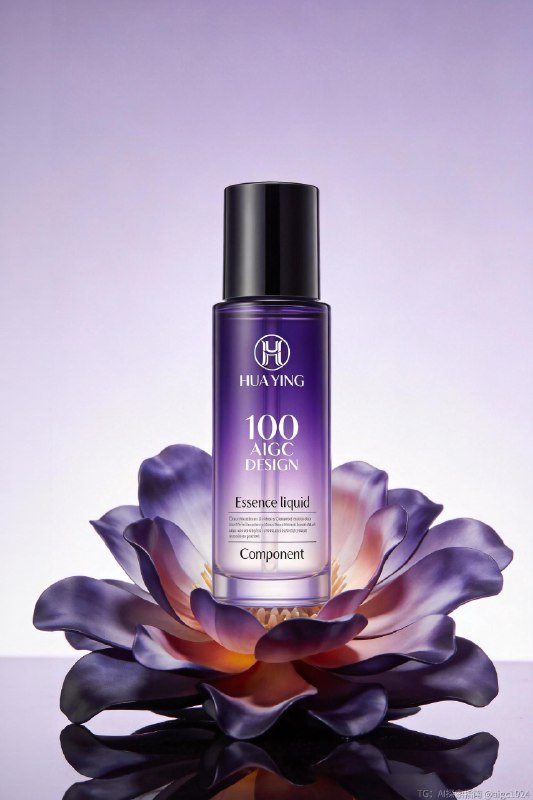 AIGC直出，紫色香水高级摄影大片（附提示词） 既梦4.5产品摄影大片，提示词参考：化妆品产品拍摄图，一瓶黑色盖子，紫色渐变半透的精华水瓶，瓶子印有产品logo“HUA YING”，产品名称“100 AIGC DESIGN