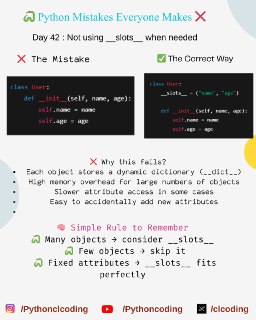 🐍 Python Mistakes Everyone Makes ❌ Day 42 : Not using slots when needed Detailed Explanation: https://www.clcoding.com/2026/01/day-42not-using-slots-when-needed.html