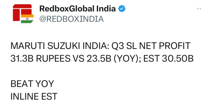 MARUTI SUZUKI INDIA: Q3 EBITDA 39.1B RUPEES VS 28.33B (YOY); EST 39.80B || Q3 EBITDA MARGIN 11.7% VS 9.75% (YOY); EST 11.8%INLINE ESTIMATE