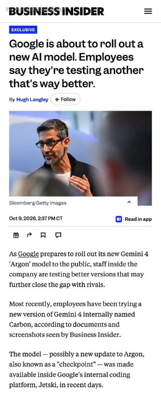 据 Business Insider 援引知情人士报道，Google 内部在测试新模型 Carbon，有员工说编码能力“感觉像 Opus 5.5”Carbon 部署在 Google 内部的 AI 编程工具 Jetski 上