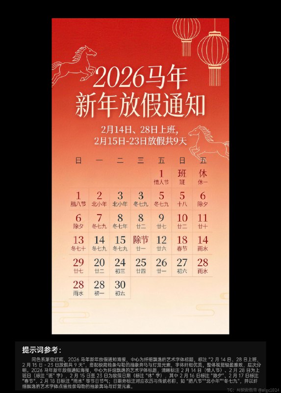 AIGC直出，2026新年放假通知海报（附提示词） 既梦4.5直出[打卡R]日历方面可能会出现错乱，需要ps一下，如果不想用ps可以直接选择不带日历的提示词