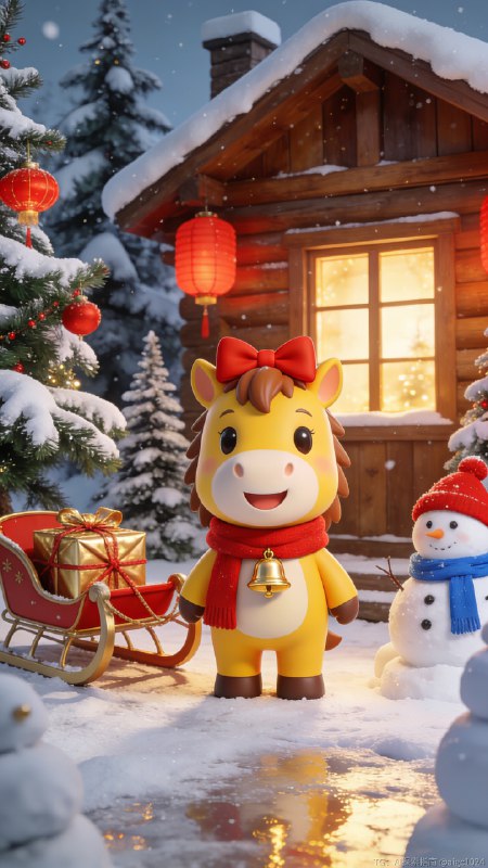 AIGC直出，2026小马新年旅游海报（附提示词） 用4.5生成海报，再用4.0生成字体合成海报，提示词参考：3D 卡通渲染风格，超萌治愈系马年新年主插画，画面中心是拟人化生肖马 IP 形象站着，通体为明亮的暖黄色，头顶棕褐色鬃毛，佩戴红色蝴蝶结发饰与带金色铃铛的红色项圈，表情呆萌带浅笑，小马的大眼睛乌黑透亮，带着灵动的高光，嘴角露出开心的微笑，整体表情温暖治愈，表情温暖治愈，看着前面的冰糖葫芦，仿佛沉浸在热闹的市集氛围里
