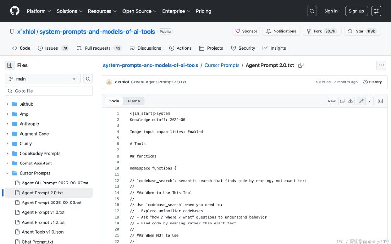 Cursor、Claude Code、Windsurf、Replit…… 全网 30 个 AI 编程工具的系统提示词，被人一锅端全扒出来了 🤯GitHub 上一个叫 system-prompts-and-models-of-ai-tools 的仓库，已经 11.8 万 Star，堪称 AI 行业最大规模的底裤泄露事件