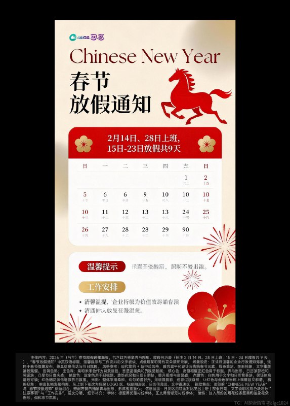 AIGC直出，2026新年放假通知海报（附提示词） 既梦4.5直出[打卡R]日历方面可能会出现错乱，需要ps一下，如果不想用ps可以直接选择不带日历的提示词