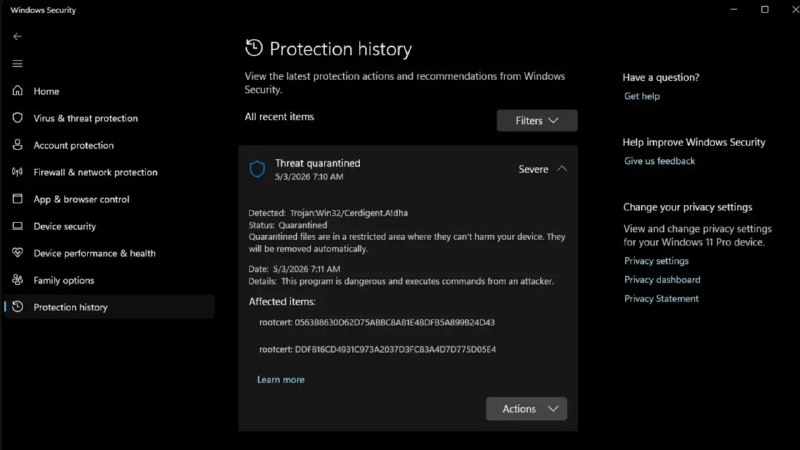 #系统资讯 [已恢复] 微软发布的 Microsoft Defender 安全更新错误将系统根证书检测为病毒，导致大量用户收到检测到恶意软件的提醒