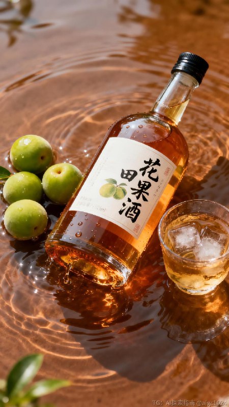 【AIGC直出.高端青梅酒商业摄影（附提示词）】[向右R] 参考提示词：‘花田果酒’高端青梅酒商业摄影，透明瓶身的琥珀色青梅酒（瓶身贴含‘花田果酒’书法字体的标签，瓶子旁边有几颗青梅），置于暖棕水面上（水面有波纹），旁侧搭配装冰酒的玻璃杯，背景为渐变暖黄底色