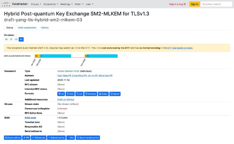 中国混合密钥交换方案 curveSM2MLKEM768 获 IANA TLS 参数登记近日，互联网号码分配机构（IANA）为由中国团队提出的混合密钥交换方案 curveSM2MLKEM768 在 TLS“Supported Groups”参数注册表中分配了编号 4590