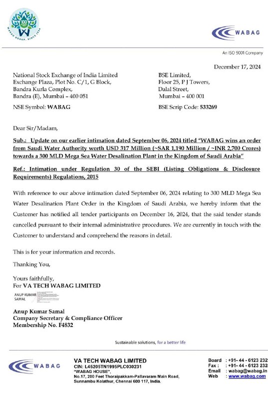 VA Tech Wabag had bagged an order for 2,700 crores from Saudi water authority on Sep 6 is now Cancelled 18% fall reason