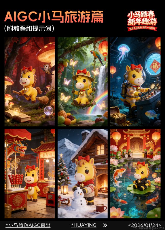 AIGC直出，2026小马新年旅游海报（附提示词） 用4.5生成海报，再用4.0生成字体合成海报，提示词参考：3D 卡通渲染风格，超萌治愈系马年新年主插画，画面中心是拟人化生肖马 IP 形象站着，通体为明亮的暖黄色，头顶棕褐色鬃毛，佩戴红色蝴蝶结发饰与带金色铃铛的红色项圈，表情呆萌带浅笑，小马的大眼睛乌黑透亮，带着灵动的高光，嘴角露出开心的微笑，整体表情温暖治愈，表情温暖治愈，看着前面的冰糖葫芦，仿佛沉浸在热闹的市集氛围里