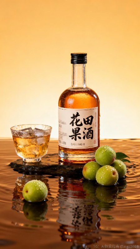 【AIGC直出.高端青梅酒商业摄影（附提示词）】[向右R] 参考提示词：‘花田果酒’高端青梅酒商业摄影，透明瓶身的琥珀色青梅酒（瓶身贴含‘花田果酒’书法字体的标签，瓶子旁边有几颗青梅），置于暖棕水面上（水面有波纹），旁侧搭配装冰酒的玻璃杯，背景为渐变暖黄底色