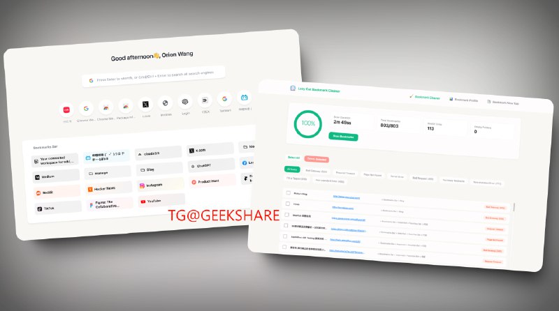 #书签管理 #开源 #插件🐱 懒猫书签清理插件支持一键清理浏览器书签的失效链接和空文件夹🔖 TabMarkTabMark 可以将书签变成新标签页➡️已收录至「书签管理」📮投稿    📢频道    💬群聊    🔎索引