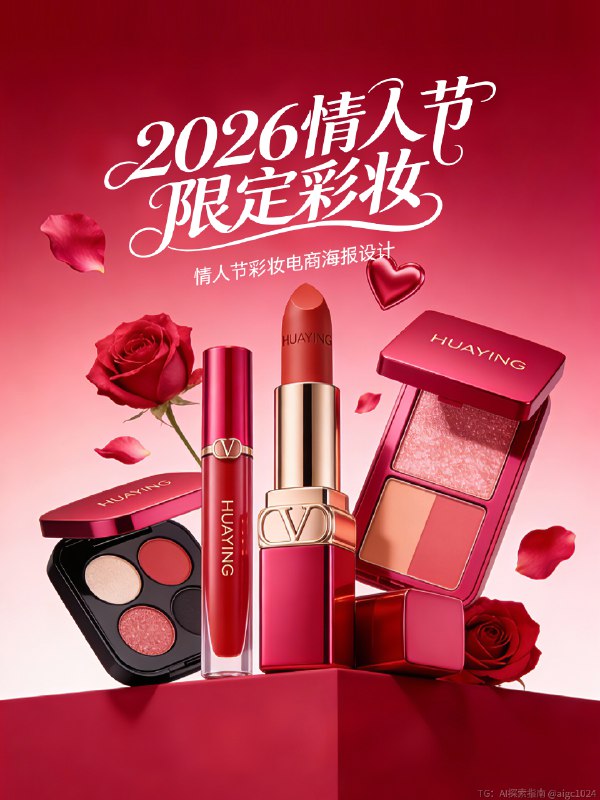 AIGC 5.0直出，情人节化妆品海报(附提示词） 及梦Seedream5.0 Preview生成：HUAYING品牌高端美妆护肤产品组合，包括白色圆形高光粉饼（金色内圈，细闪浅粉色粉饼）、两支同系列口红（一支立放：深红色哑光管身+银色logo，正红丝绒膏体；一支横放：同款管身，细闪红棕膏体）、透明方形粉底液（亮面红盖，浅米色液体）、白色软管妆前乳（红盖）、白色圆形乳霜罐