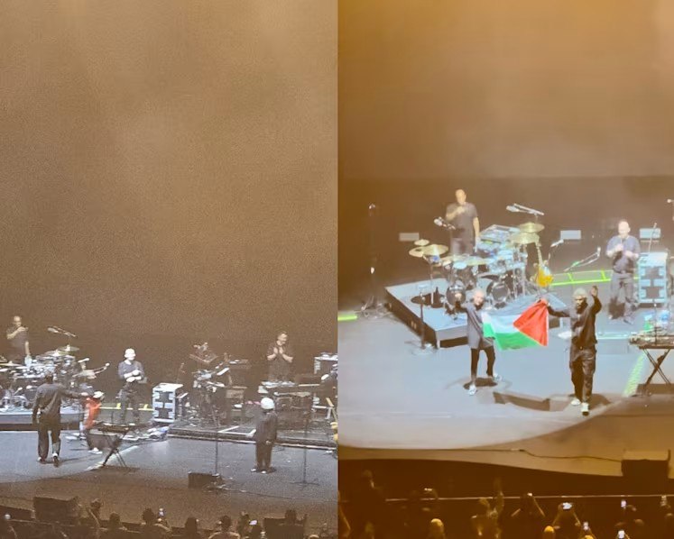 Two members of British band Massive Attack were issued stern warnings and barred from re-entering Singapore after flying a Palestinian flag during a concert.