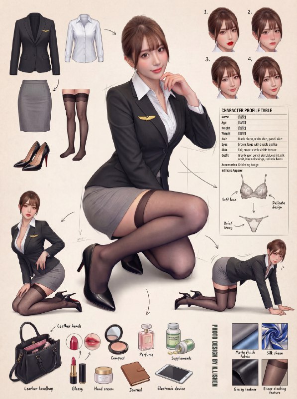 两种颜色的空乘穿搭喜欢哪款?~附分解提示词 Photo Design by[禁R]原创作品，未经允许禁止搬运提示词:Role (角色设定)你是一位顶尖的游戏与动漫概念美术设计大师 (Concept Artist)，擅长制作详尽的角色设定图（Character Sheet）