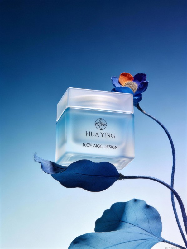 AIGC直出，清爽蓝色护肤品摄影大片（附教程） 既梦4.5香水摄影大片，提示词参考：红色区域为蓝色的植物