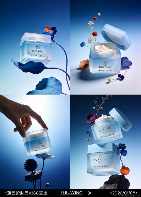 AIGC直出，清爽蓝色护肤品摄影大片（附教程） 既梦4.5香水摄影大片，提示词参考：红色区域为蓝色的植物