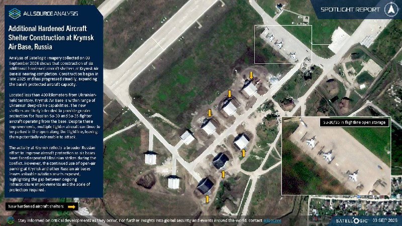 🇷🇺🇺🇦️ - Updated satellite image of the Krymsk Air Base in the Krasnodar Region, showing the completion of the construction of six additional shelters for aircraft.